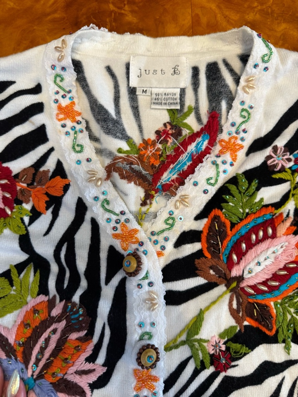 Women's Black & White Zebra Floral Embroidered Cardigan - Picture 8 of 10